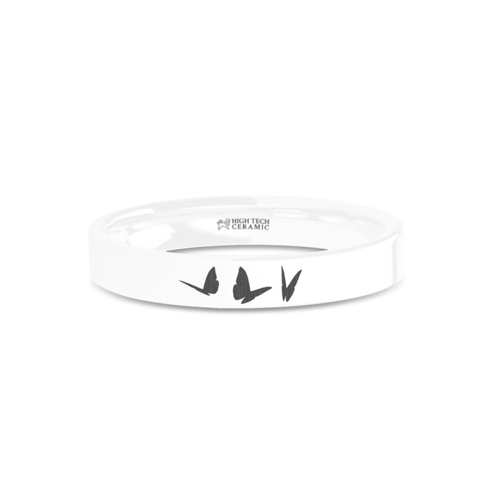 Butterflies Insect Engraved White Ceramic Wedding Ring, Polished