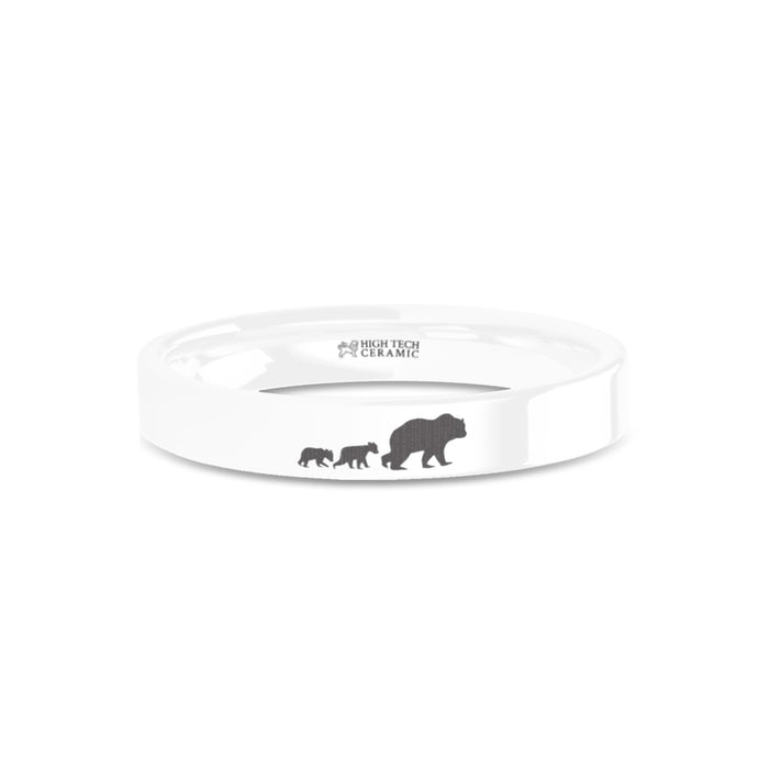 Mama Bear Cubs Laser Engraved White Ceramic Ring Band, Polished