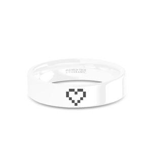 Retro Video Gamer Wedding Ring 8-bit Heart Engraved White Ceramic