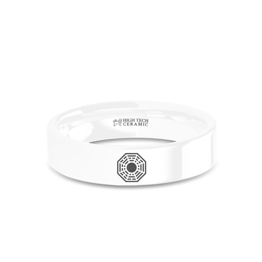 Lost Dharma Initiative Emblem Engraved White Ceramic Ring