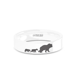 Mama Bear Cubs Laser Engraved White Ceramic Ring Band, Polished