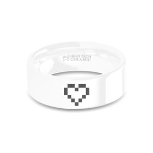 Retro Video Gamer Wedding Ring 8-bit Heart Engraved White Ceramic