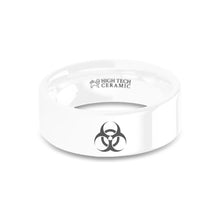 Load image into Gallery viewer, Zombie Biohazard Sign Laser Engraved White Ceramic Wedding Ring