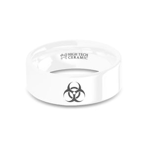 Zombie Biohazard Sign Laser Engraved White Ceramic Wedding Ring
