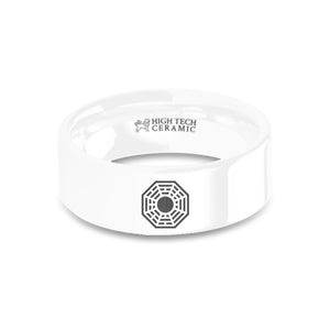 Lost Dharma Initiative Emblem Engraved White Ceramic Ring