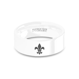 Fleur de Lis Symbol Laser Engraved White Ceramic Wedding Ring