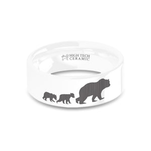 Mama Bear Cubs Laser Engraved White Ceramic Ring Band, Polished