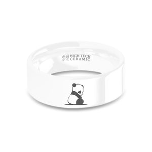 Baby Panda Cub Engraved White Ceramic Wedding Ring, Polished