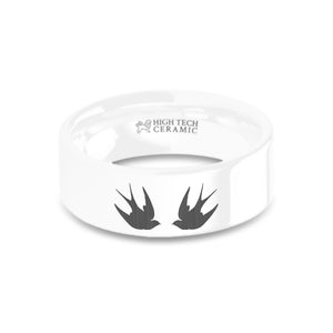 Swallow Birds Laser Engraved White Ceramic Wedding Ring, Polished