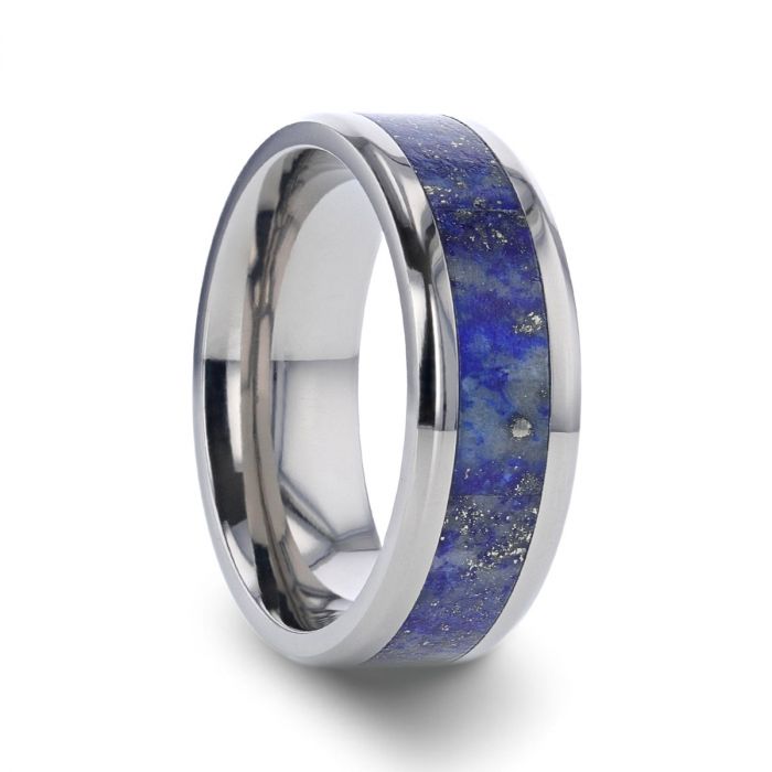 Soothing Blue Lapis Stone Inlay Titanium Wedding Ring, Beveled