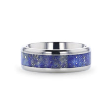 Load image into Gallery viewer, Soothing Blue Lapis Stone Inlay Titanium Wedding Ring, Beveled