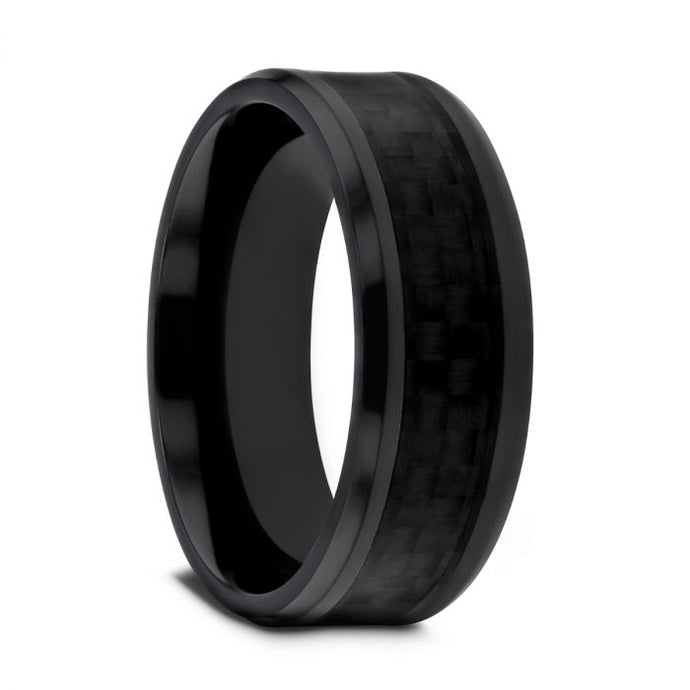 Black on Black Carbon Fiber Inlay Titanium Ring, Beveled