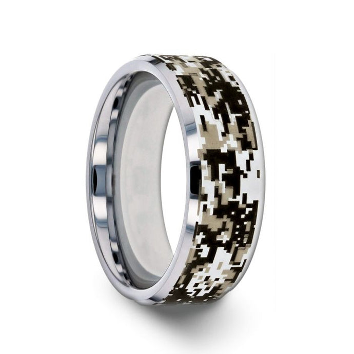 Silver Modern Digital Camo Black Tungsten Ring