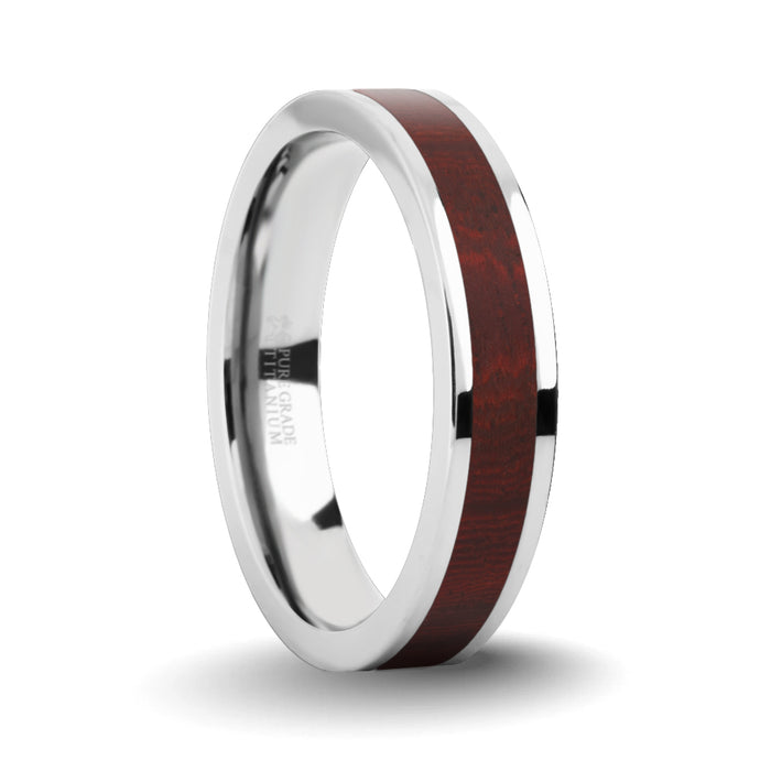 Dark Red Sandalwood Wood Inlay Silver Titanium Wedding Ring