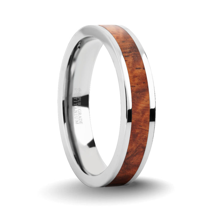 Elegant Rosewood Burl Wood Inlay Silver Titanium Wedding Ring