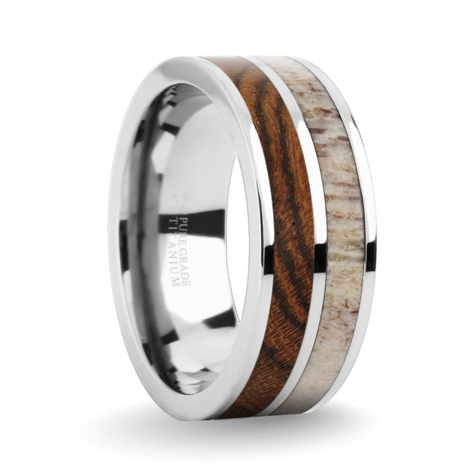 Exotic Bocote Wood Antler Inlay Silver Titanium Wedding Ring
