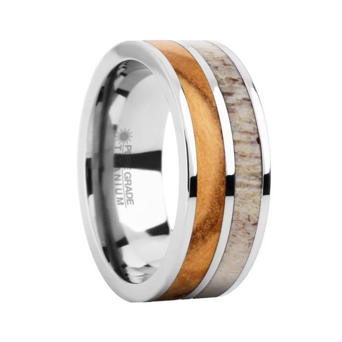 Olive Wood, Real Natural Color Antler Inlay Titanium Wedding Ring