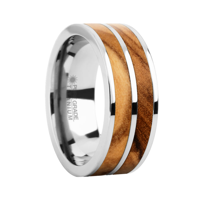 Genuine Olive Wood Twin Inlay Titanium Wedding Ring for Men