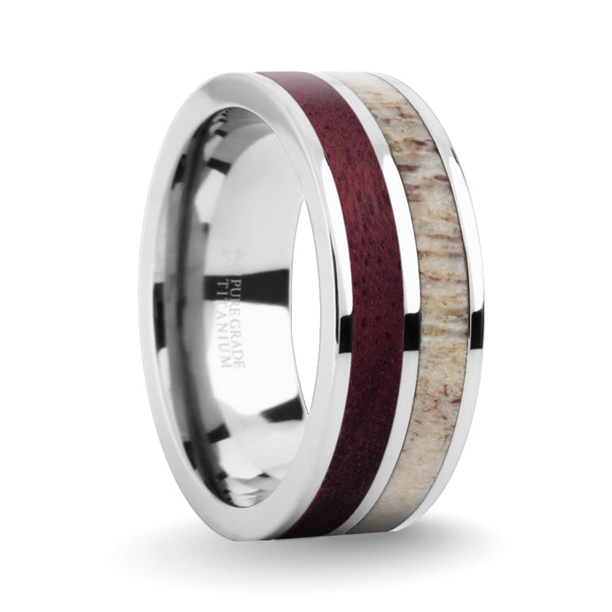 Deep Purpleheart Wood, Deer Antler Inlay Titanium Wedding Ring