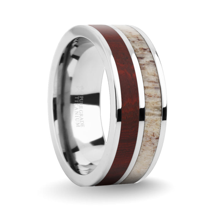 Dark Red Sandalwood, Deer Antler Inlay Silver Titanium Wedding Ring