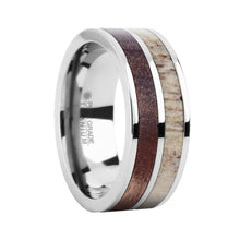 Load image into Gallery viewer, Walnut Wood and Natural Antler Twin Inlay Titanium Wedding Band