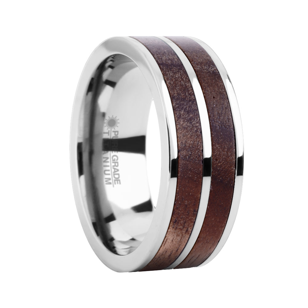 Exotic Dark Walnut Wood Twin Inlay Titanium Wedding Ring