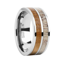 Load image into Gallery viewer, Whiskey Barrel Wood and Real Antler Inlay Titanium Wedding Ring