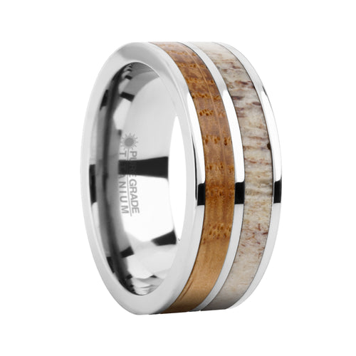 Whiskey Barrel Wood and Real Antler Inlay Titanium Wedding Ring