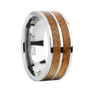 Real Whiskey Barrel Oak Wood Twin Inlay Titanium Wedding Ring