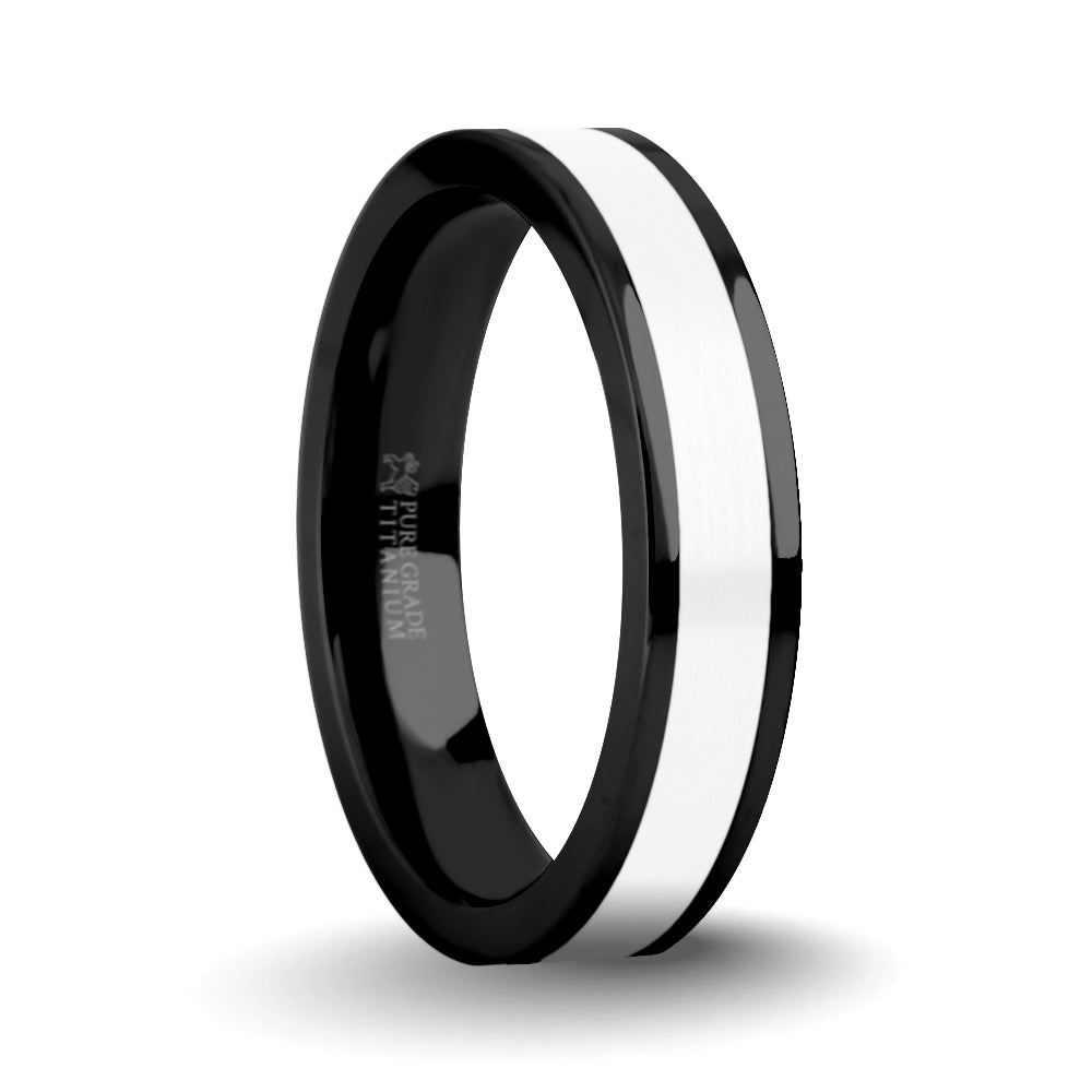 Brushed White Ceramic Inlay Polished Black Titanium Wedding Ring