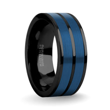 Load image into Gallery viewer, Brushed Blue Tungsten Carbide Inlay Black Titanium Wedding Ring