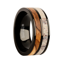 Load image into Gallery viewer, Real Olive Wood, Deer Antler Inlay Black Titanium Wedding Ring