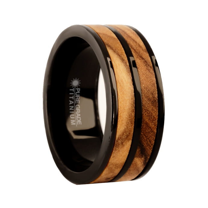 Exotic Olive Wood Twin Inlay Black Titanium Wedding Ring for Men