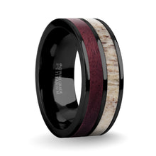 Load image into Gallery viewer, Purpleheart Wood, Deer Antler Inlay Black Titanium Wedding Ring