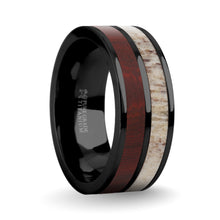 Load image into Gallery viewer, Dark Red Sandalwood, Deer Antler Inlay Black Titanium Wedding Ring