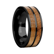 Load image into Gallery viewer, Real Whiskey Barrel Wood Twin Inlay Black Titanium Wedding Band