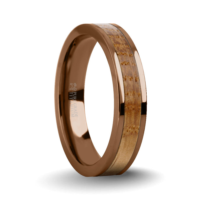 Real Whiskey Barrel Wood Twin Inlay Brown Titanium Wedding Ring