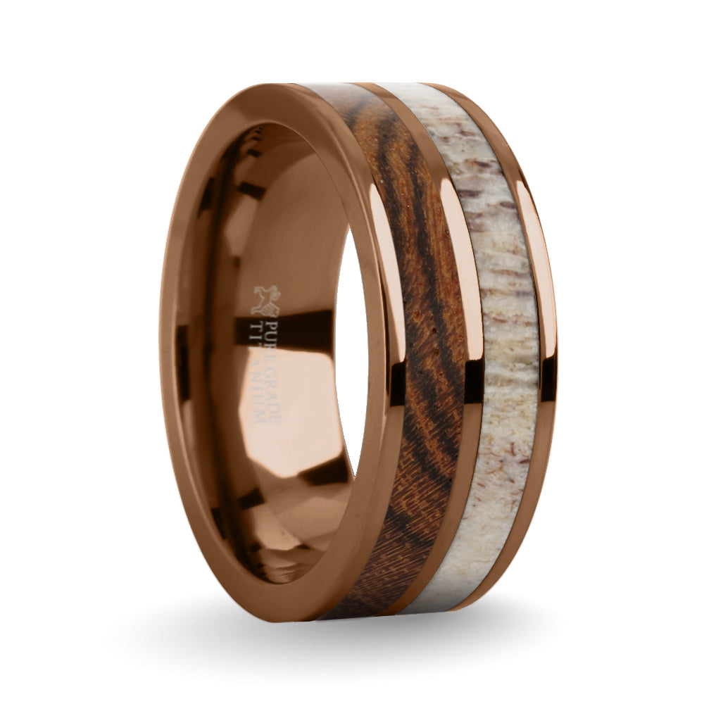 Exotic Bocote Wood Antler Inlay Brown Titanium Wedding Ring