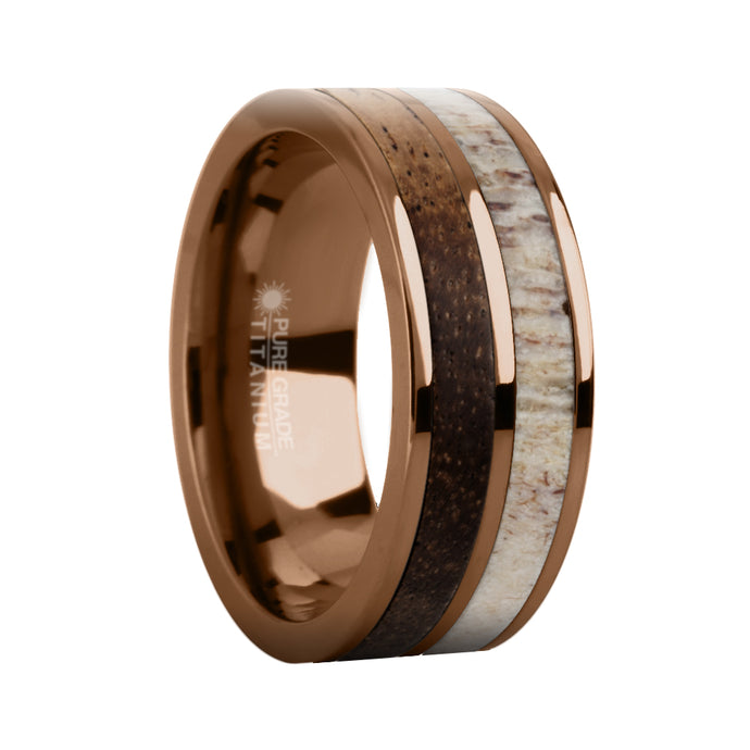 Koa Wood, Genuine Deer Antler Inlay Brown Titanium Wedding Ring