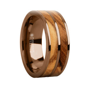 Genuine Olive Wood Twin Inlay Brown Titanium Wedding Ring for Men
