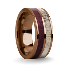 Load image into Gallery viewer, Purpleheart Wood, Deer Antler Inlay Brown Titanium Wedding Ring