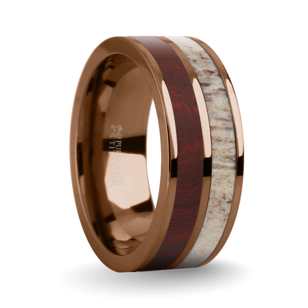 Dark Red Sandalwood, Deer Antler Inlay Brown Titanium Wedding Ring