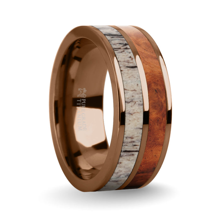 Rosewood Burl, Deer Antler Inlay Brown Titanium Wedding Ring