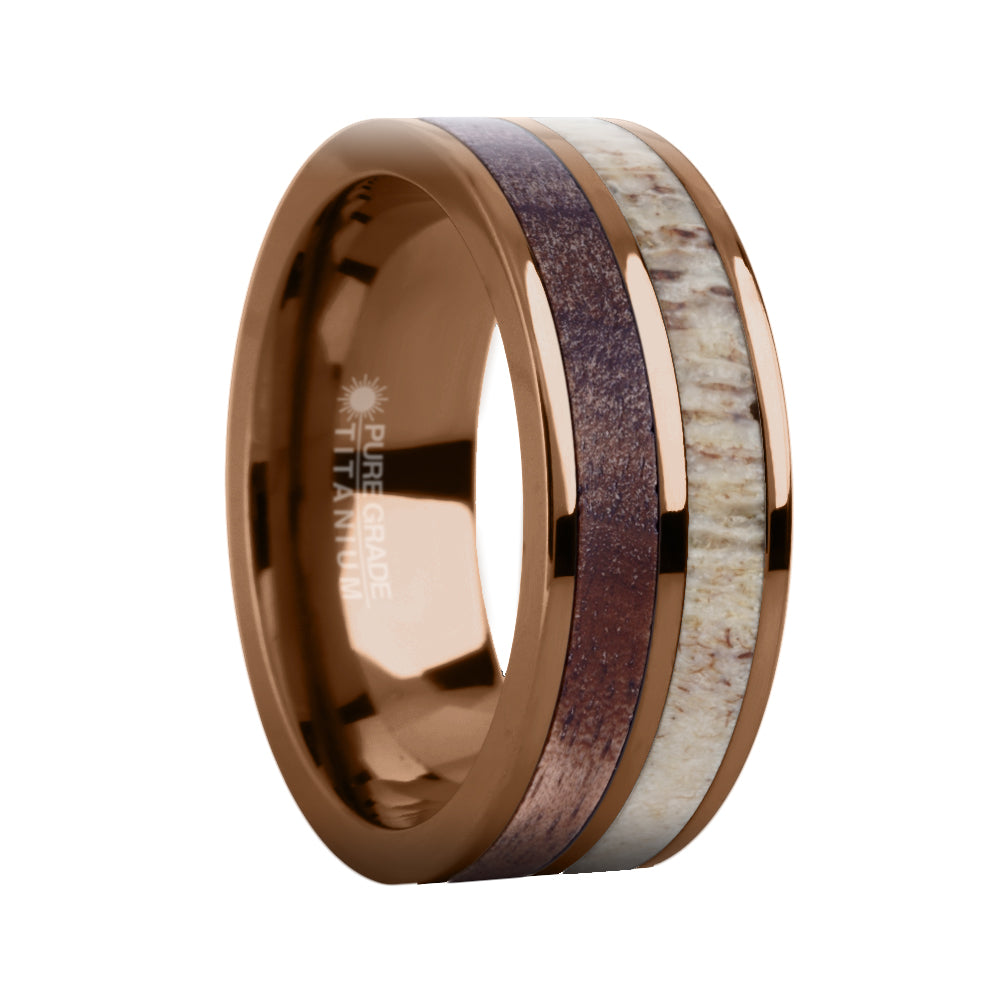 Walnut Wood, Deer Antler Twin Inlay Brown Titanium Wedding Ring