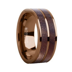 Exotic Dark Walnut Wood Twin Inlay Brown Titanium Wedding Ring