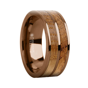 Real Whiskey Barrel Wood Twin Inlay Brown Titanium Wedding Ring