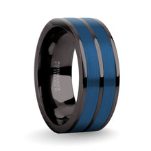 Load image into Gallery viewer, Brushed Blue Tungsten Carbide Inlay Gunmetal Titanium Wedding Ring