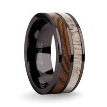 Load image into Gallery viewer, Exotic Bocote Wood Antler Inlay Gunmetal Titanium Wedding Ring