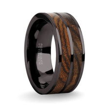 Load image into Gallery viewer, Black Grain Bocote Wood Inlay Gunmetal Gray Titanium Wedding Ring