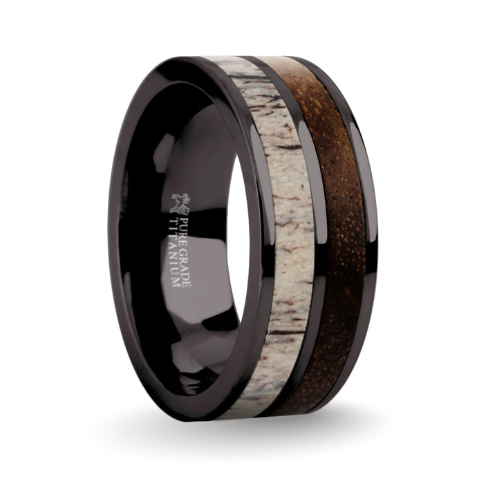 Koa Wood Genuine Deer Antler Inlay Gunmetal Titanium Wedding Ring